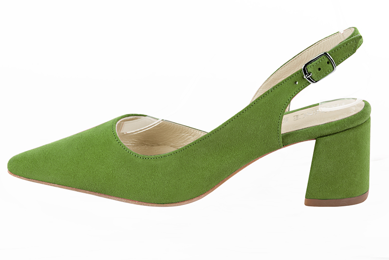 Grass green women's slingback shoes. Pointed toe. Medium flare heels. Profile view - Florence KOOIJMAN